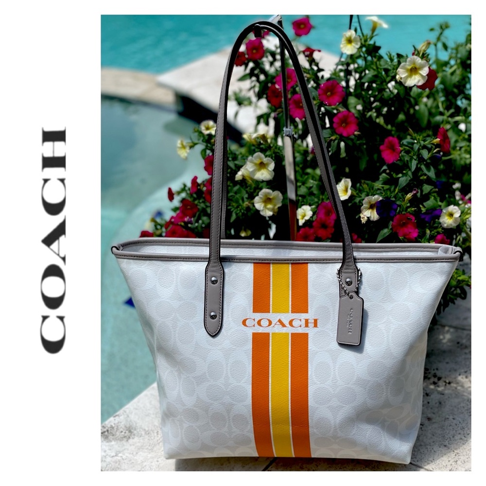 Coach Varsity City Zip Tote in Chalk Signature Print w/Orange&Yellow Stripe NWOT